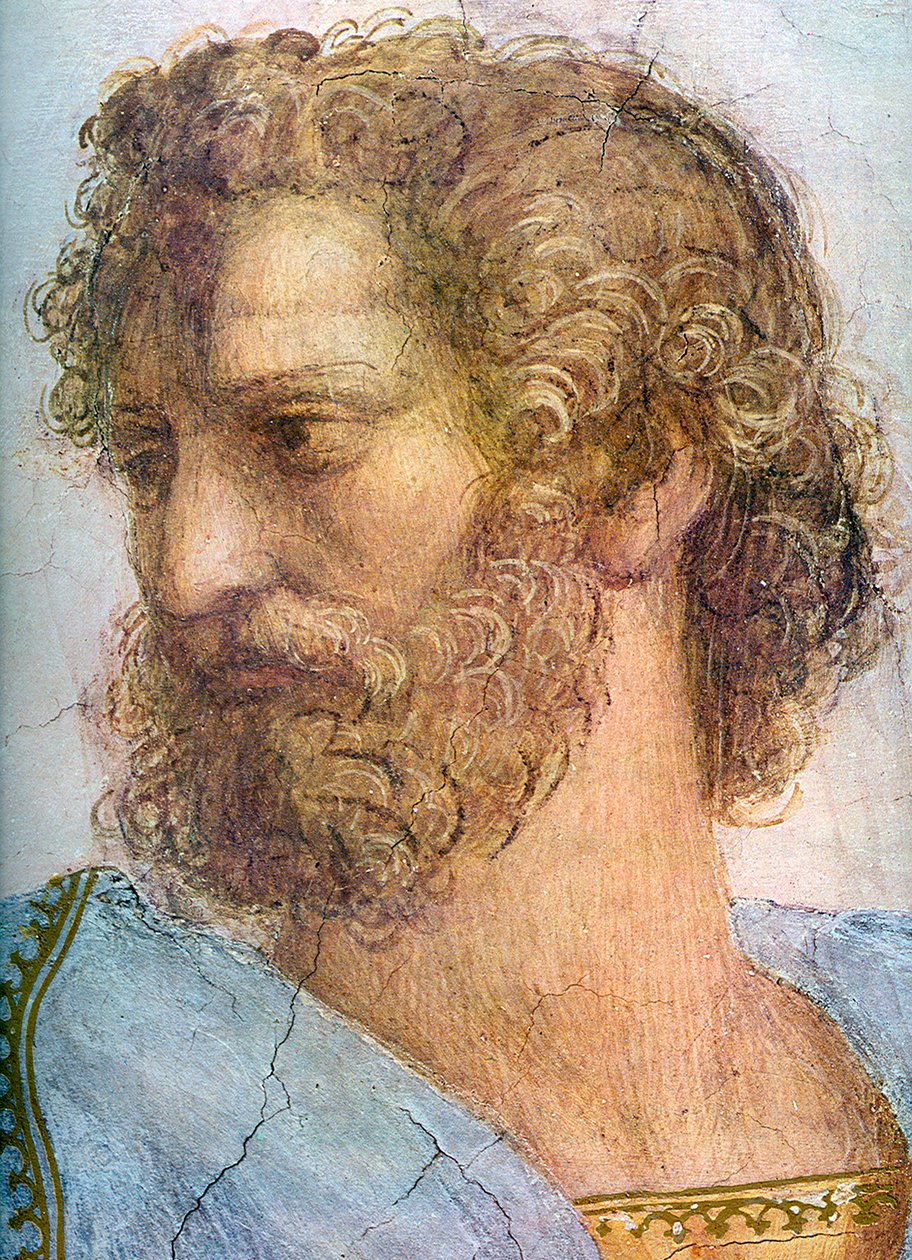 Arisztotelész. A Segnatura szobája. Az athéni iskola részlete, 1509-1511 alkotó: Raffaello Sanzio Raphael