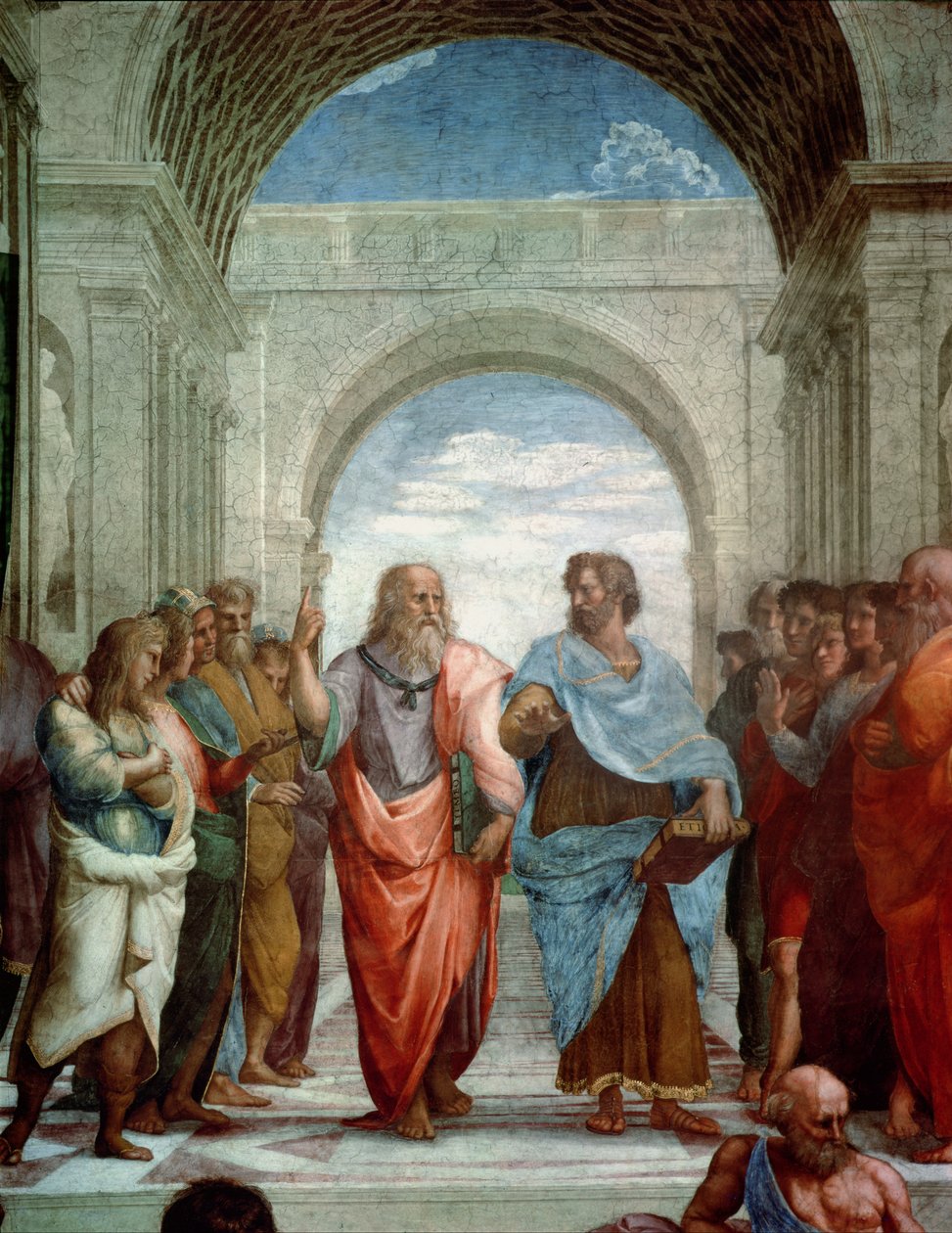 Arisztotelész és Platón: részlet az athéni iskolából a Stanza della Segnaturában, 1510-11. freskórészlet a 472-ből alkotó: Raffaello Sanzio Raphael