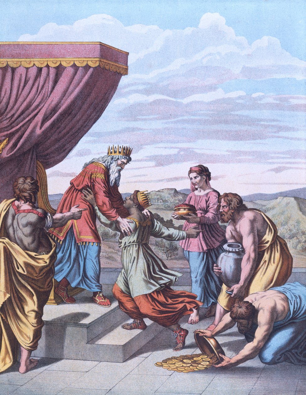 Salamon király fogadja Sába királynőjét, illusztráció a „Tanítás a szent történelem szemével” című könyvből alkotó: Raffaello Sanzio Raphael