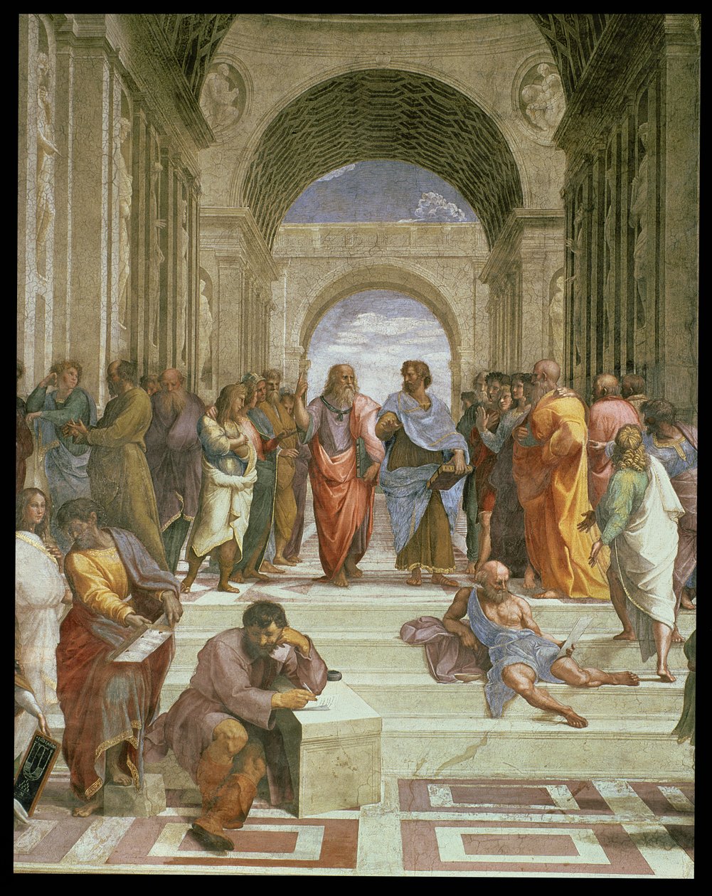 Athéni Iskola, a központ részlete különféle alakokkal, köztük Platón, Arisztotelész, Michelangelo Hérakleitoszként és Diogenész, 1510-11 freskórészlet 472-ből alkotó: Raffaello Sanzio Raphael
