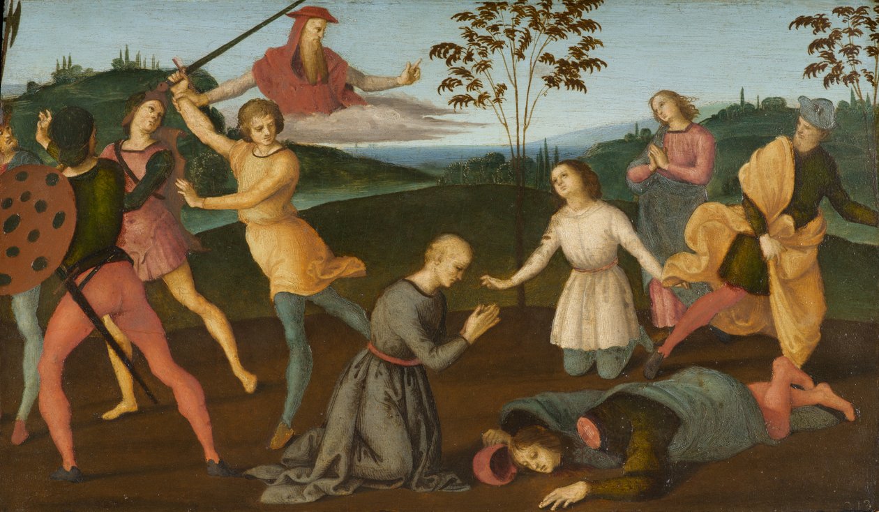 Szent Jeromos Sylvanus megmentése és az eretnek Sabinianus megbüntetése, 1502-1503 alkotó: Raffaello Sanzio Raphael