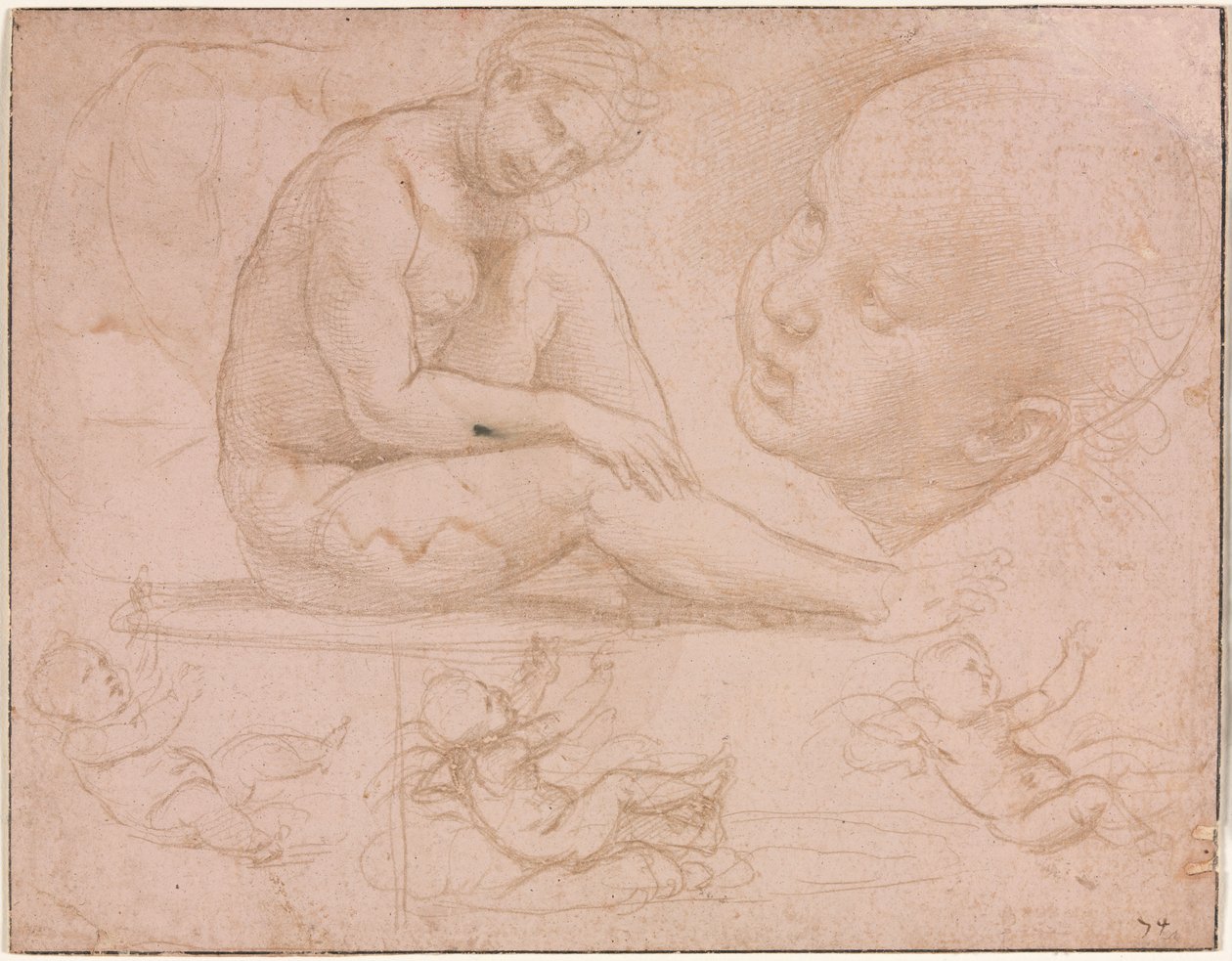 Tanulmányok egy ülő nőről, Childs fejről és Három tanulmány egy csecsemőről, c. 1507-8. alkotó: Raffaello Sanzio Raphael