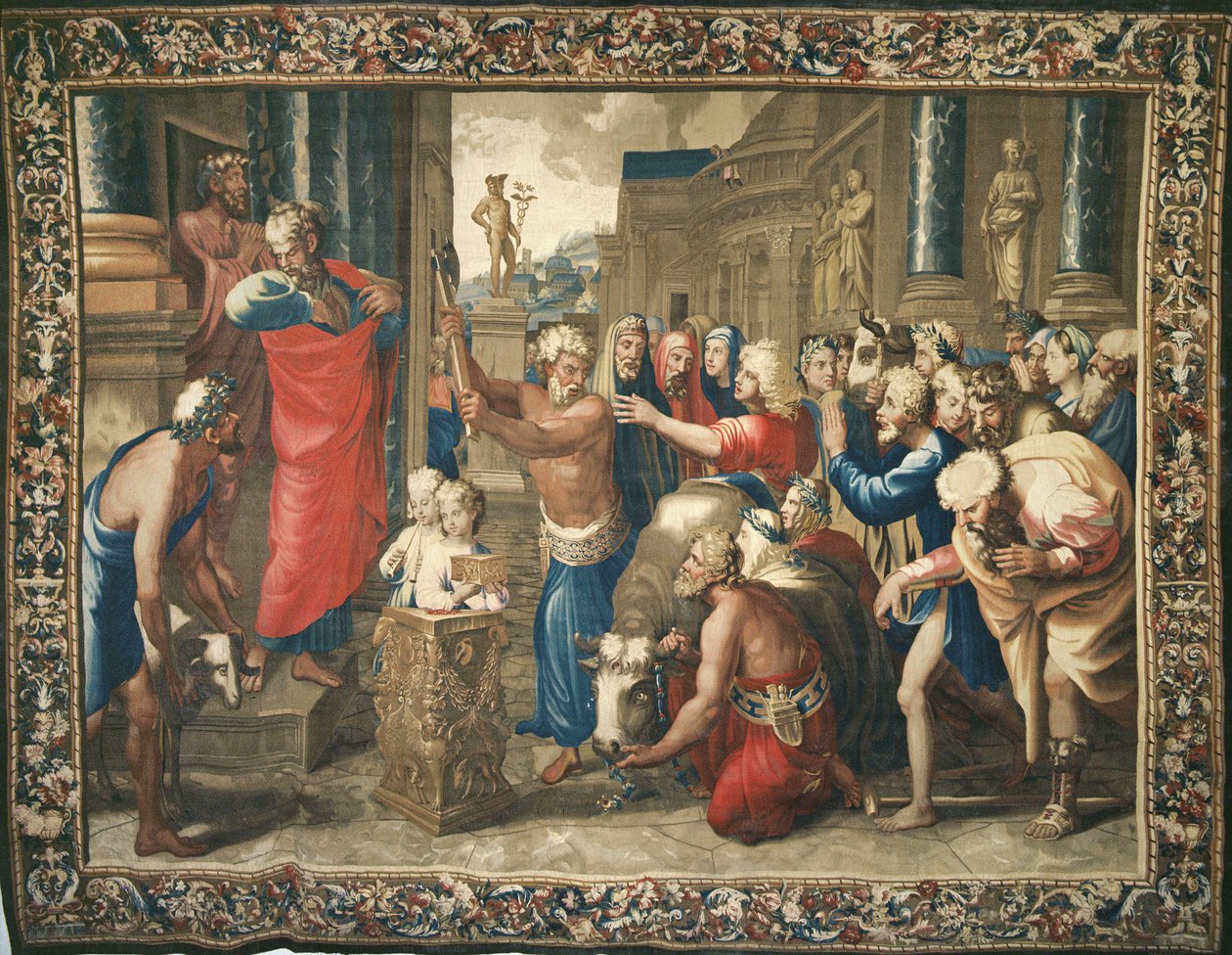 Az apostolok cselekedeteit, Lystra áldozatát ábrázoló kárpit, amelyet a Beauvais-műhelyben szőttek Philippe Behagle (1641-1705), 1695-1698 (gyapjú kárpit) irányításával alkotó: Raffaello Sanzio Raphael