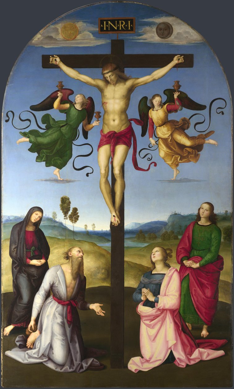 A keresztre feszített Krisztus Szűz Máriával, szentekkel és angyalokkal Mond keresztrefeszítése, 1502-1503 alkotó: Raffaello Sanzio Raphael