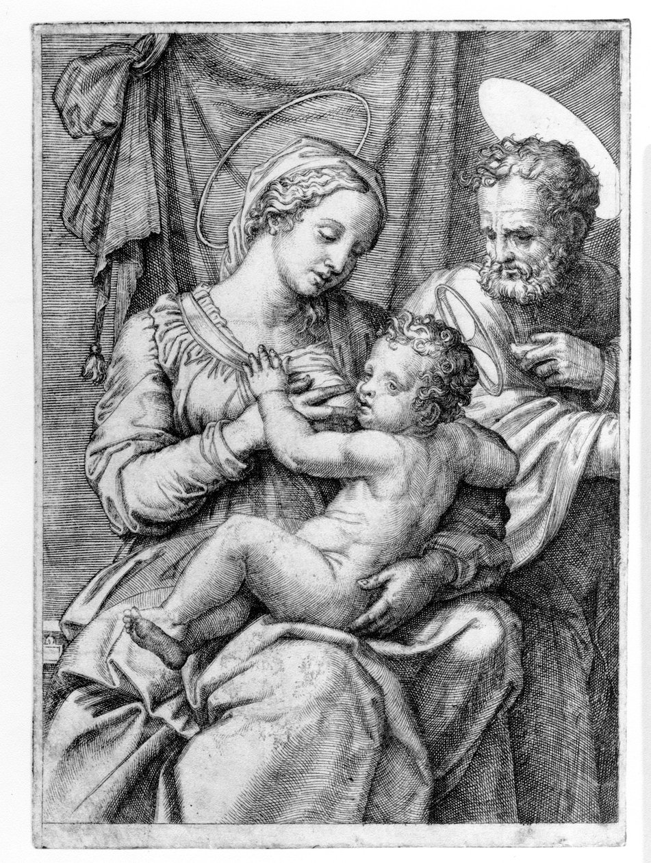 A Szent Család, Marcantonio Raimondi metszete, 1515 körül alkotó: Raffaello Sanzio Raphael