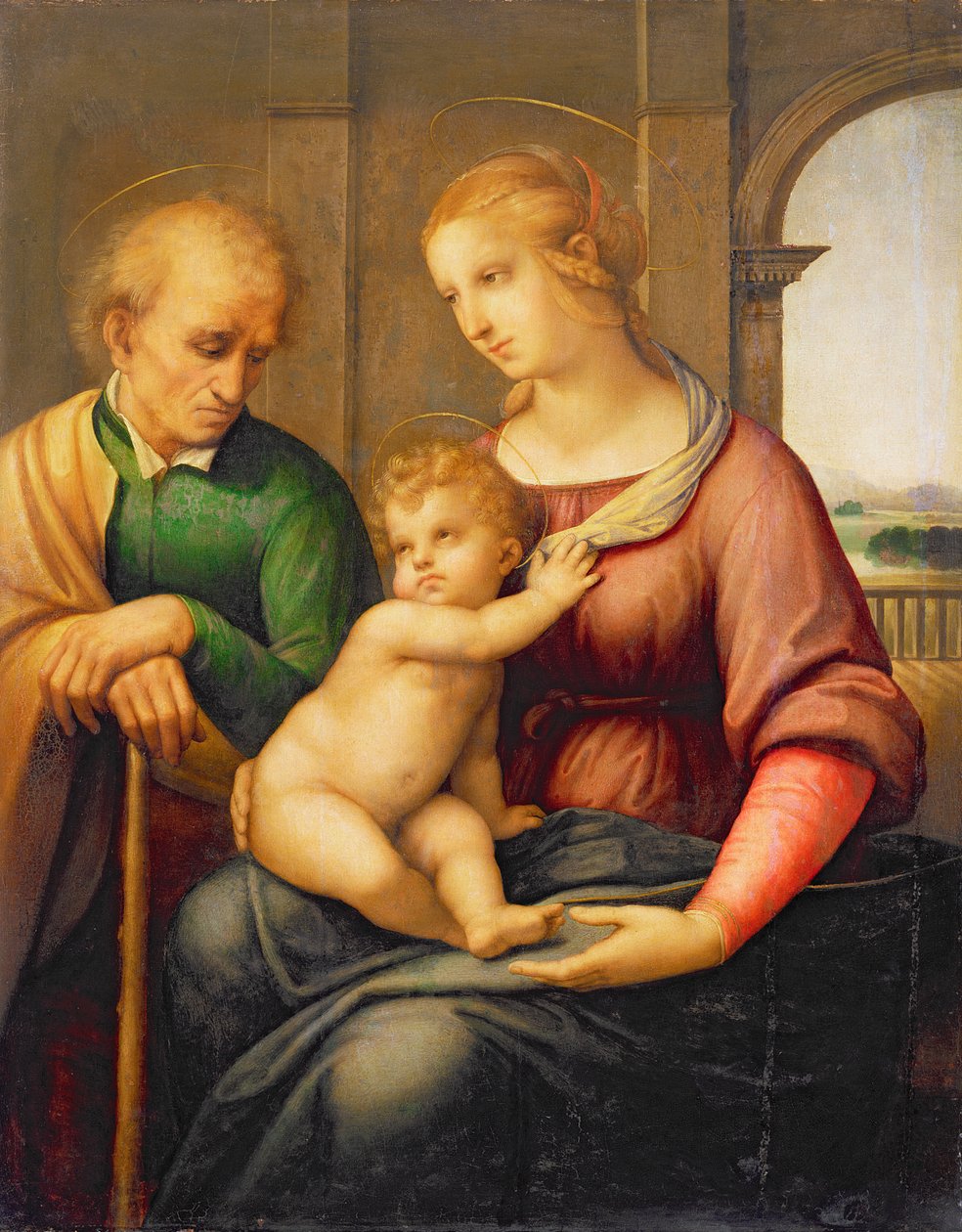 A Szent Család, vagy Madonna a szakáll nélküli Józseffel, 1506 körül (tempera és olaj, vászon, táblaképről átvéve) alkotó: Raffaello Sanzio Raphael