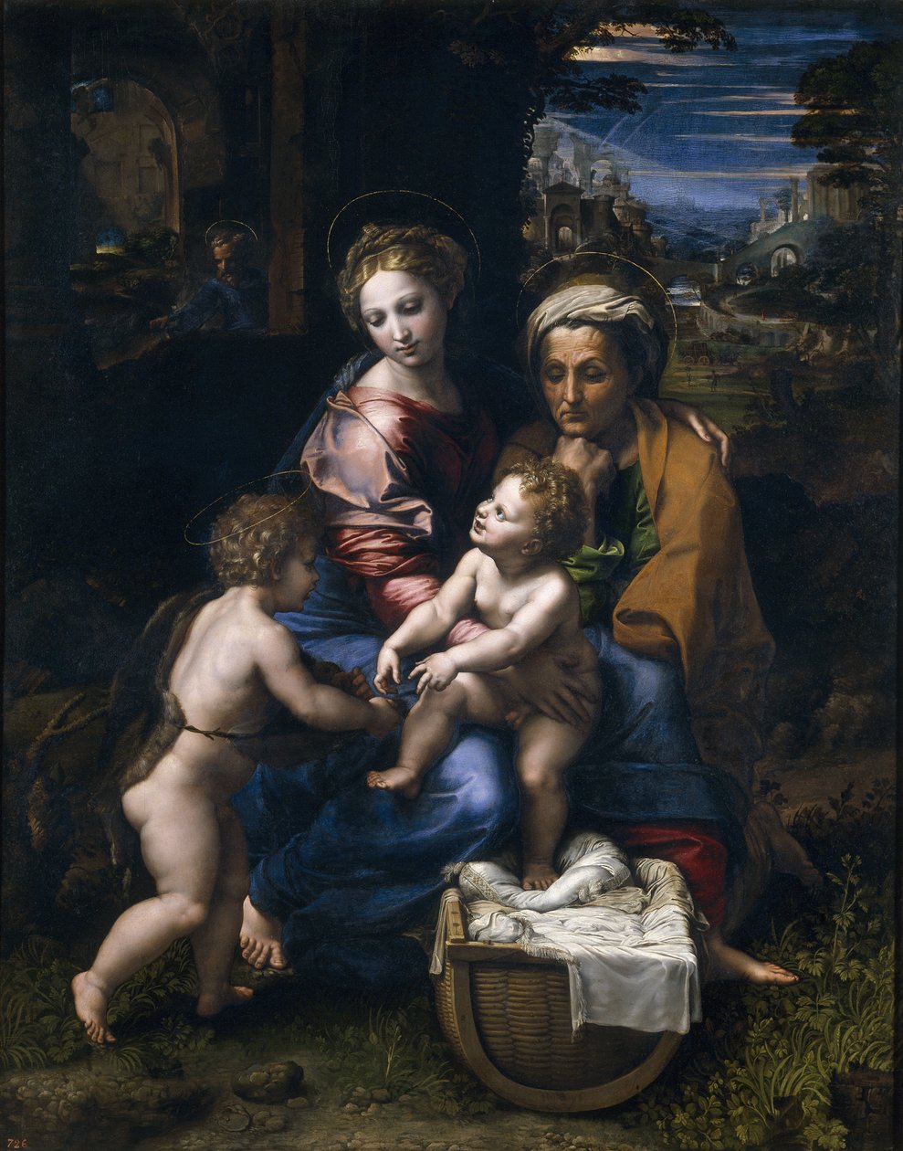 A Szent Család Keresztelő Jánossal és La Perla Szent Erzsébettel alkotó: Raffaello Sanzio Raphael