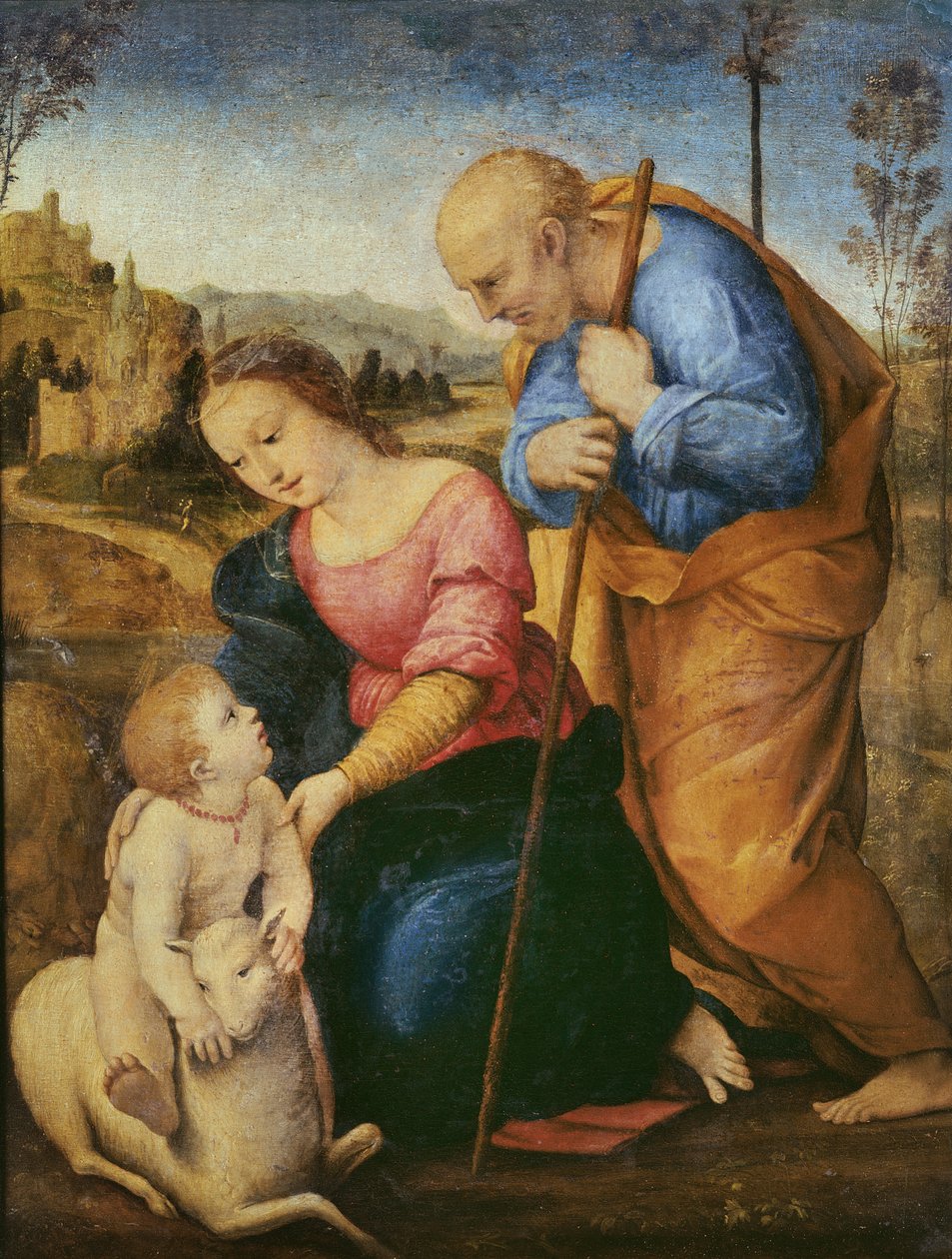 A Szent Család bárányokkal (olaj, fa) alkotó: Raffaello Sanzio Raphael