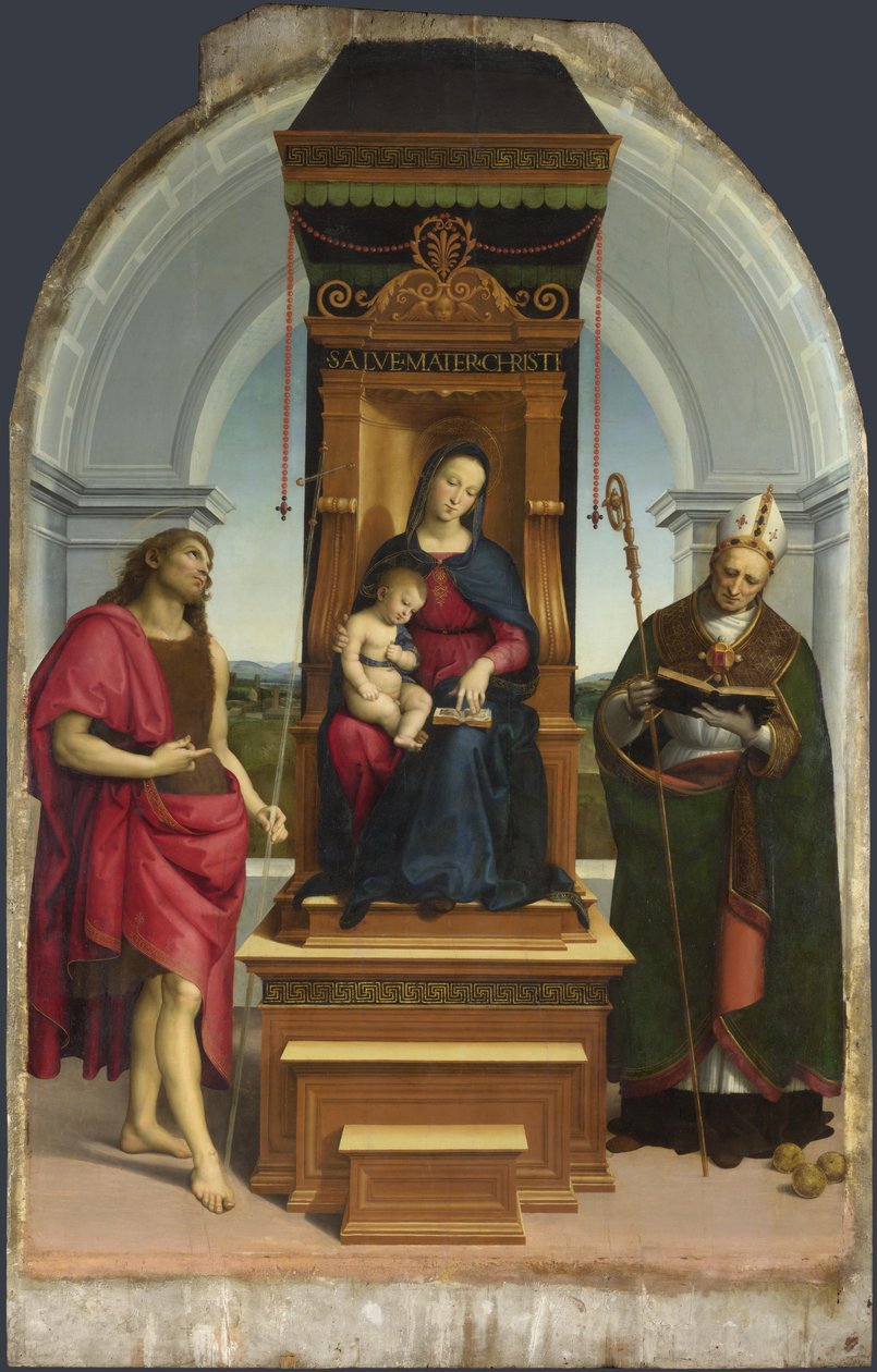 A Madonna és a gyermek Keresztelő Szent Jánossal és Bari Szent Miklóssal Az Ansidei Madonna, 1505 alkotó: Raffaello Sanzio Raphael