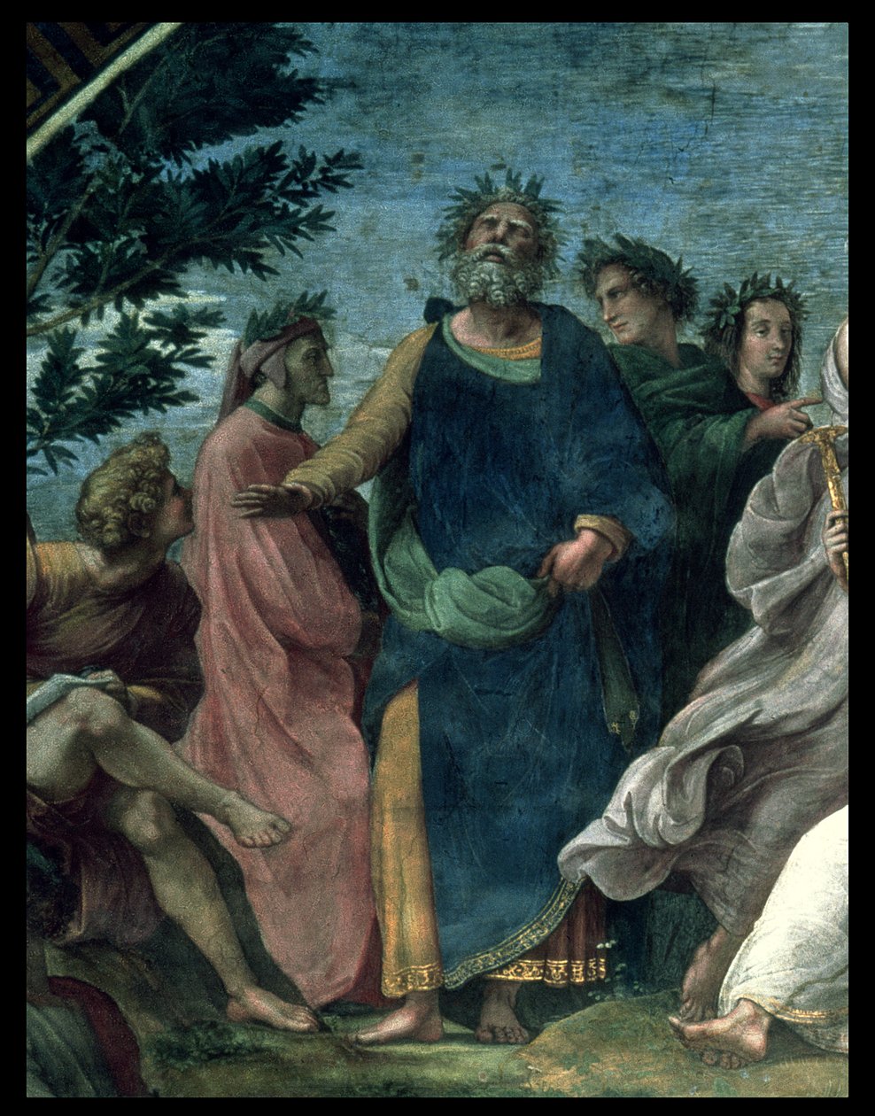 A Parnasszus, Homérosz, Dante és Vergilius részlete a Stanze della Segnaturában, 1510-11 alkotó: Raffaello Sanzio Raphael