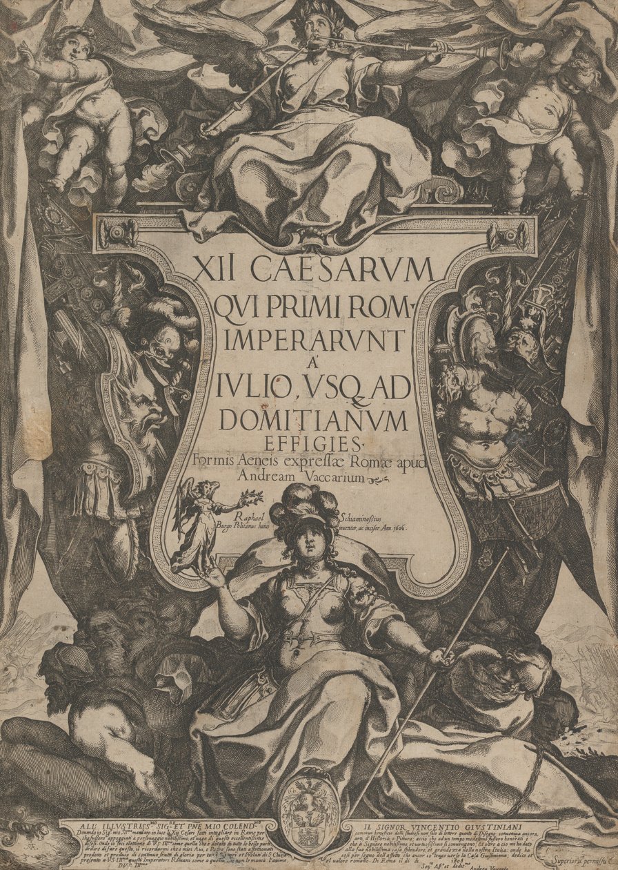 Elülső rész trombitákkal, trombitákkal, amelyek egy kartusz tetején ülnek, mellette a tr..., 1606. alkotó: Raffaello Schiaminossi