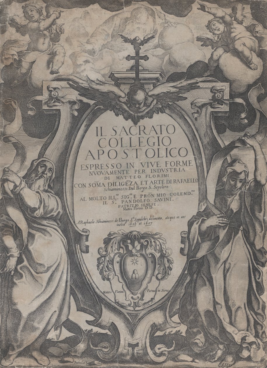 Elülső rész két figurával, amik tekercset és kerubokat tartanak a kartus mellett, 1606-07. alkotó: Raffaello Schiaminossi