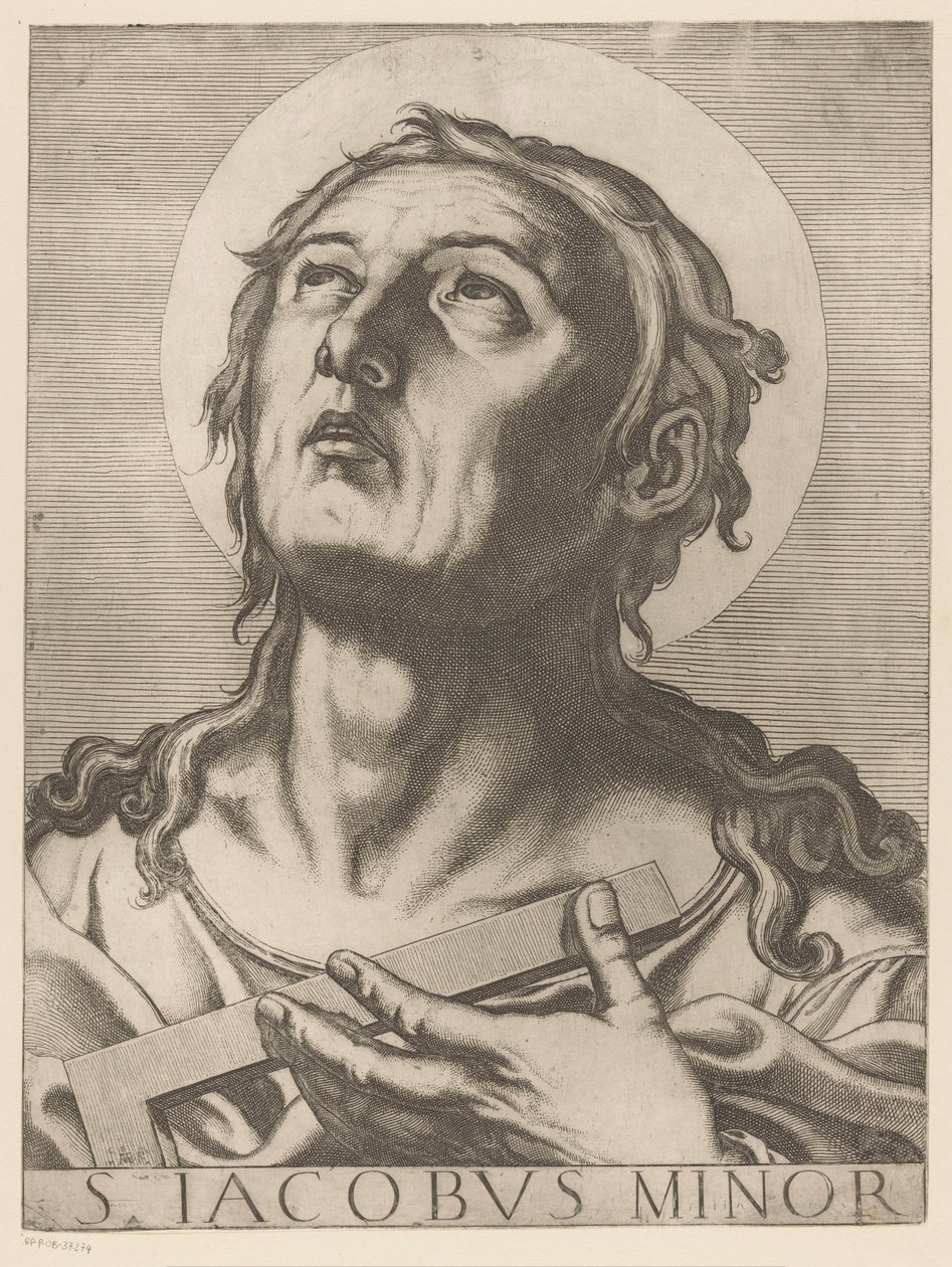 Heilige Jakobus de Mindere Kisebb Szent Jakab (cím a tárgyon) Christ, Mary en de twaalf apostelen (sorozat címe) The Sacred Apostoli College (sorozat címe) alkotó: Raffaello Schiaminossi
