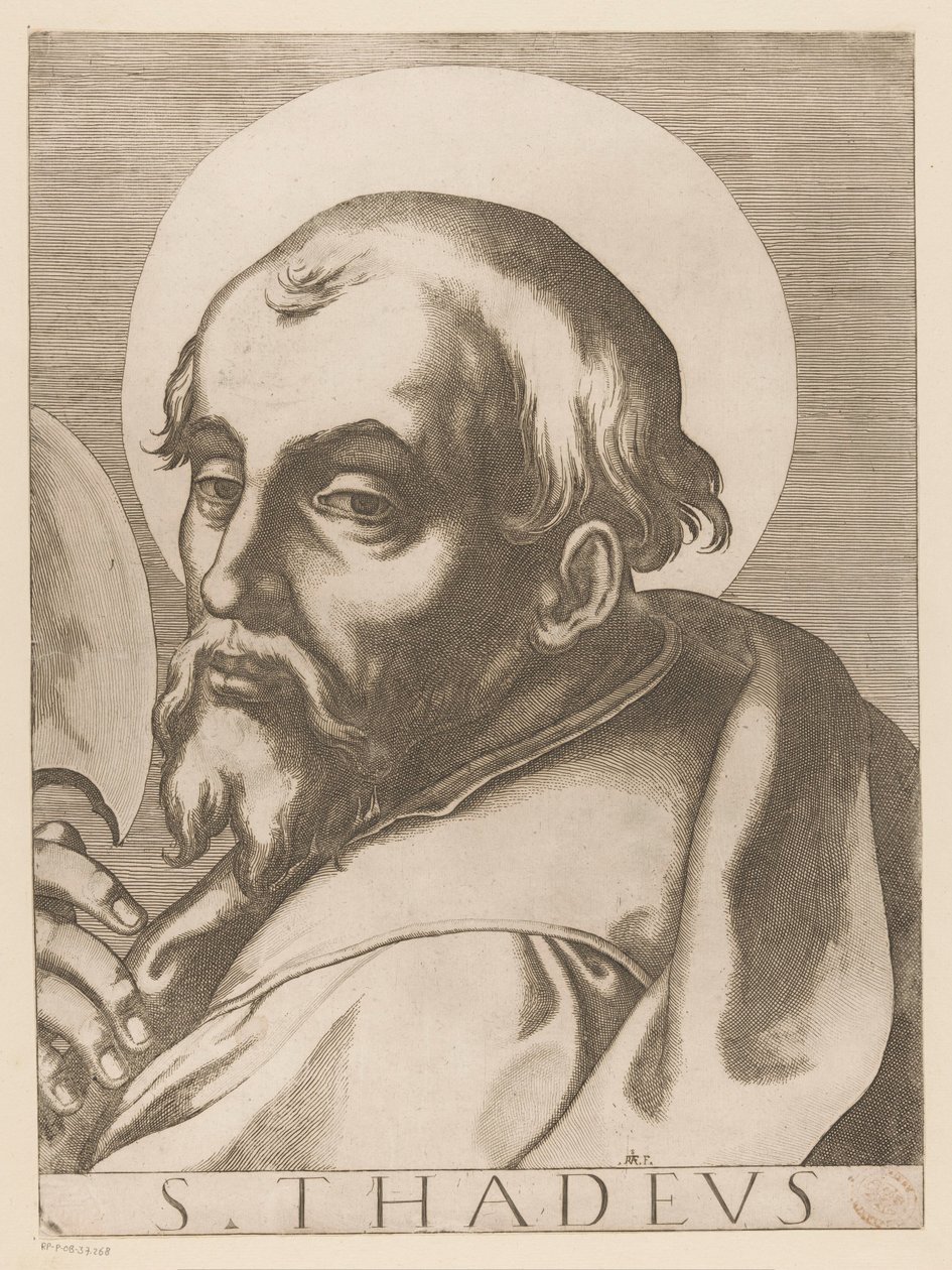 Heilige Judas Taddeus Szent Tádé (cím a tárgyon) Christ, Mary en de twaalf apostelen (sorozat címe) The Sacred Apostoli College (sorozat címe) alkotó: Raffaello Schiaminossi