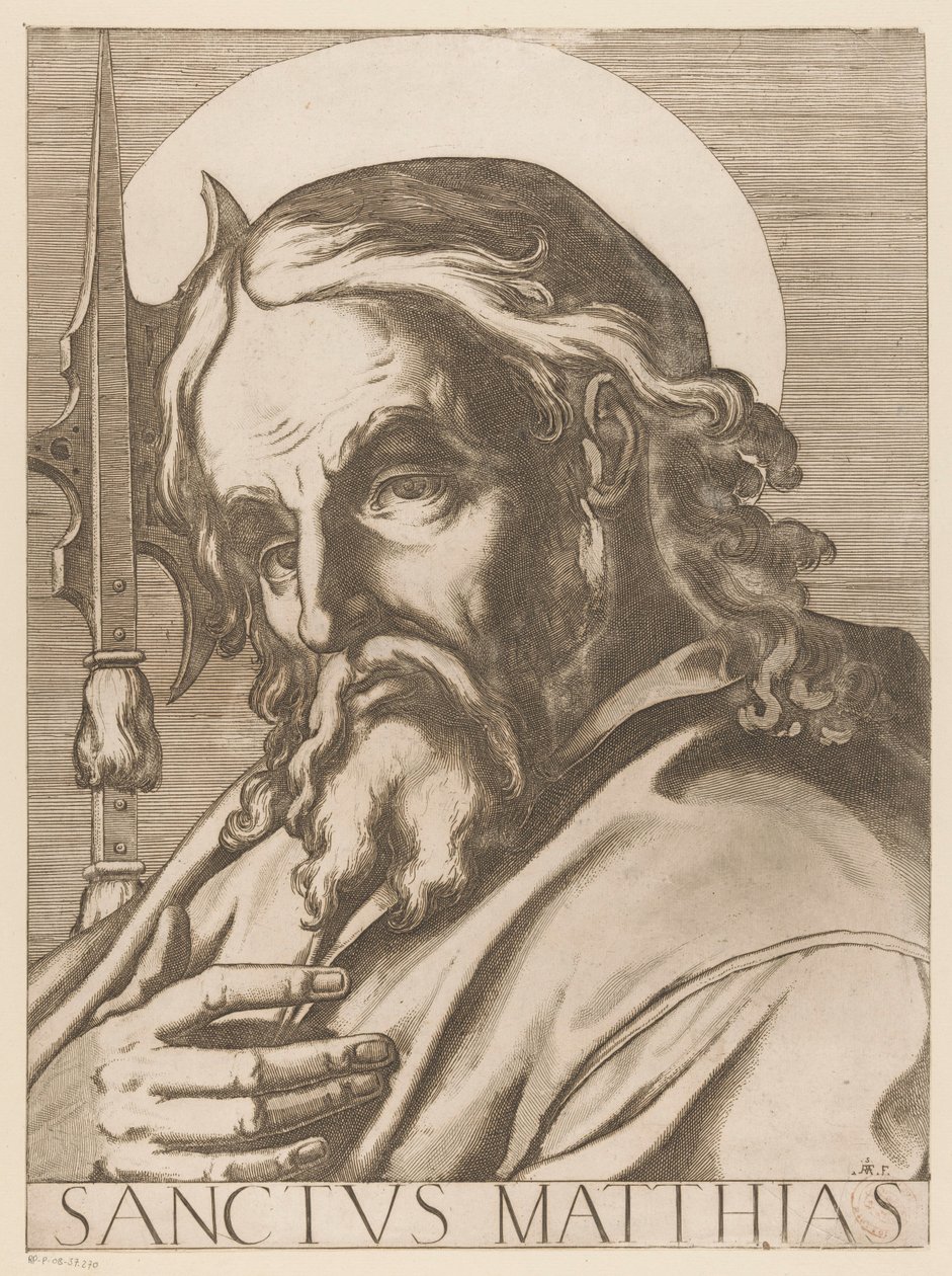 Szent Máté Szent Mátyás (cím a tárgyon) Christ, Mary en de twaalf apostelen (sorozat címe) The Sacred Apostoli College (sorozat címe) alkotó: Raffaello Schiaminossi