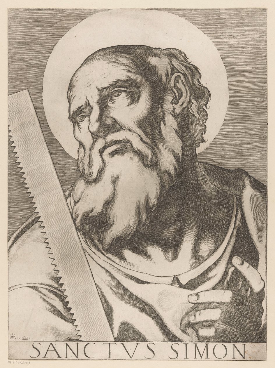 Heilige Simon Zelotes Szent Simon (cím a tárgyon) Christ, Mary en de twaalf apostelen (sorozat címe) The Sacred Apostoli College (sorozat címe) alkotó: Raffaello Schiaminossi