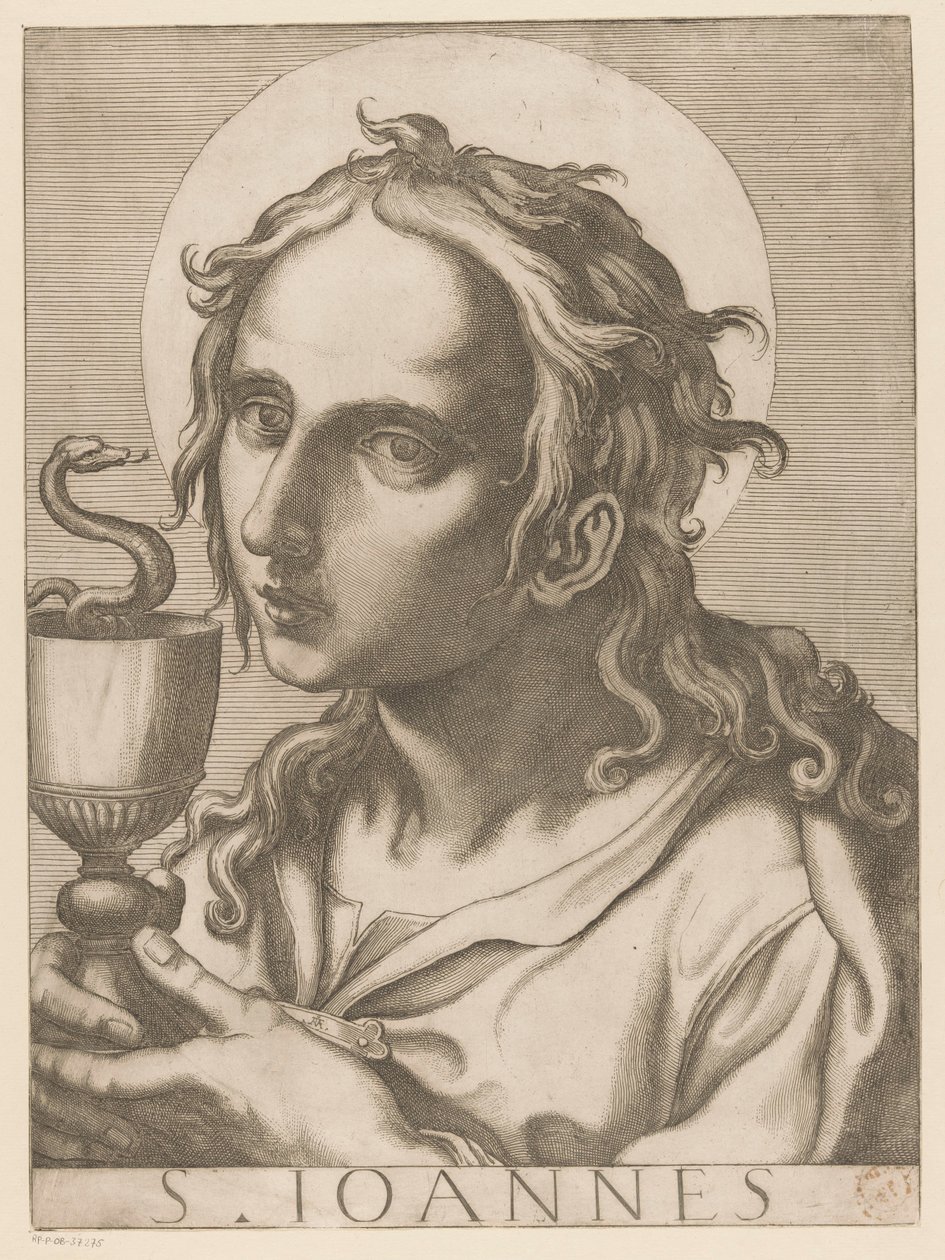 János evangélista Szent János (cím a tárgyon) Christ, Mary en de twaalf apostelen (sorozat címe) The Sacred Apostoli College (sorozat címe) alkotó: Raffaello Schiaminossi