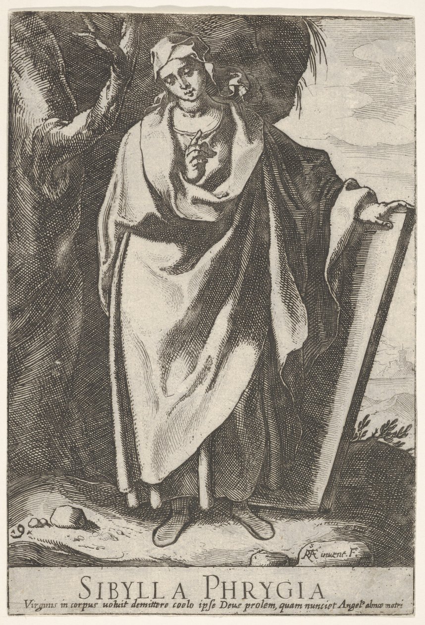 9. tábla: a fríg Szibilla, aki bal kezével egy tábla tetejét tartja, és rá mutat, 1609. alkotó: Raffaello Schiaminossi