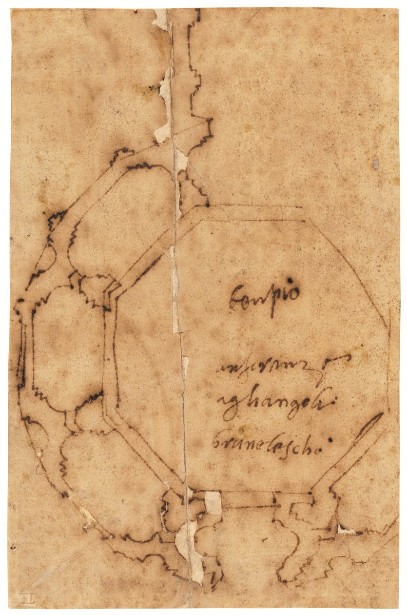 A Santa Maria degli Angeli, Firenze alaprajza (toll és barna tinta, olajozott pauszpapírra) alkotó: Raffaello da Montelupo