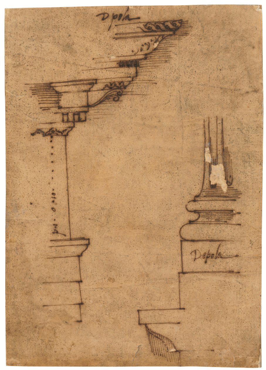 Egy talapzat és egy talapzat talapzatának terve (toll és barna tinta, olajozott pauszpapíron) alkotó: Raffaello da Montelupo