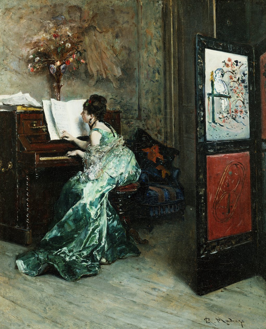 Egy hölgy zongorázik egy belső térben, alkotó: Raimundo de Madrazo y Garreta