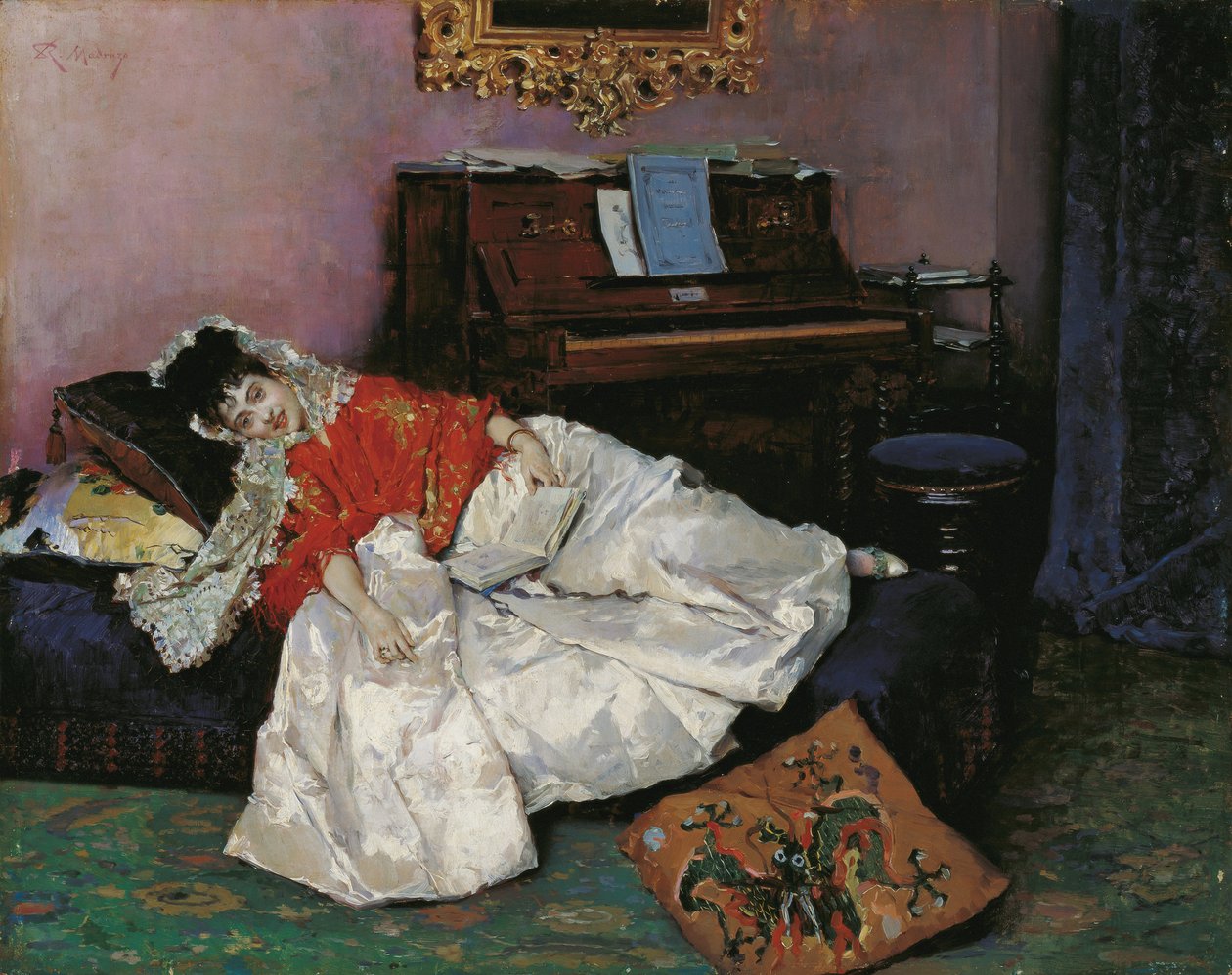""Az olvasás"" Aline Masson portréja vetue a la japonaise (Japonisme) Raimundo de Madrazo y Garreta festménye (1841-1920) 1883-1885 Museo Carmen Thyssen, Málaga Spanyolország alkotó: Raimundo de Madrazo y Garreta