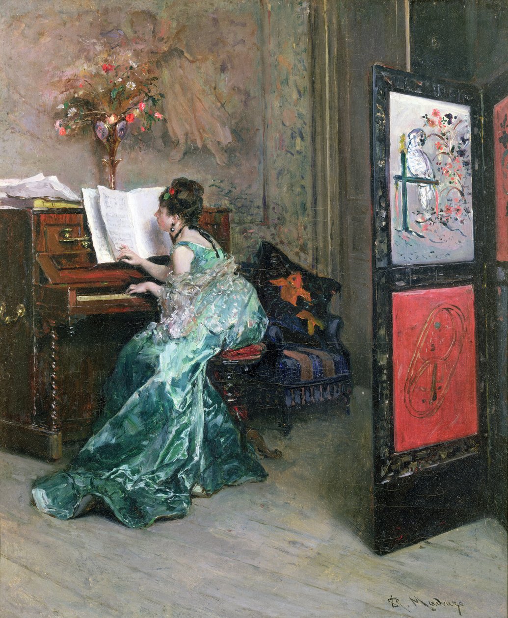 Hölgy zongorázik egy belső térben alkotó: Raimundo de Madrazo y Garreta