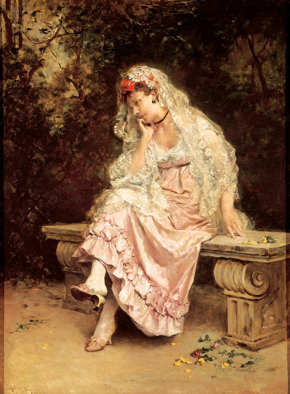 „Fiatal nő a kertben” Raimundo Madrazo (1841-1920) festménye. 1900 körül. Bilbao, Szépművészeti Múzeum. alkotó: Raimundo de Madrazo y Garreta