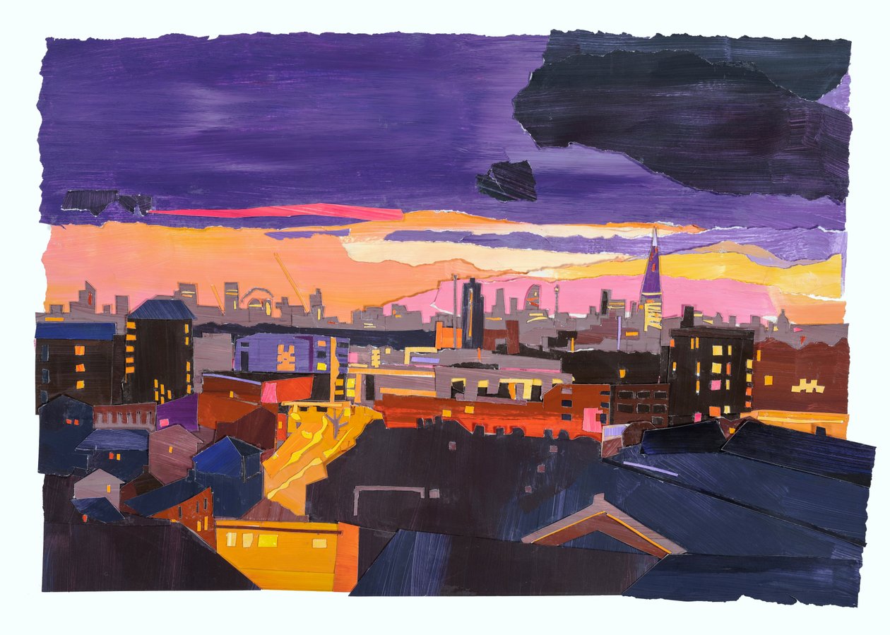 Rooftops over London, 2022 (akril és kollázs papírra) alkotó: Raina Goran