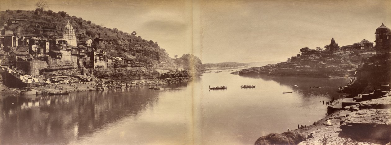 Kétrészes panoráma a Narmada folyóra nyíló kilátással Omkareshwarnál alkotó: Raja Deen Dayal