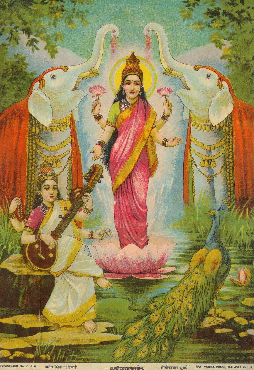Lakshmi Saraswati Sanyog, írta Raja Ravi Varma alkotó: Raja Ravi Varma