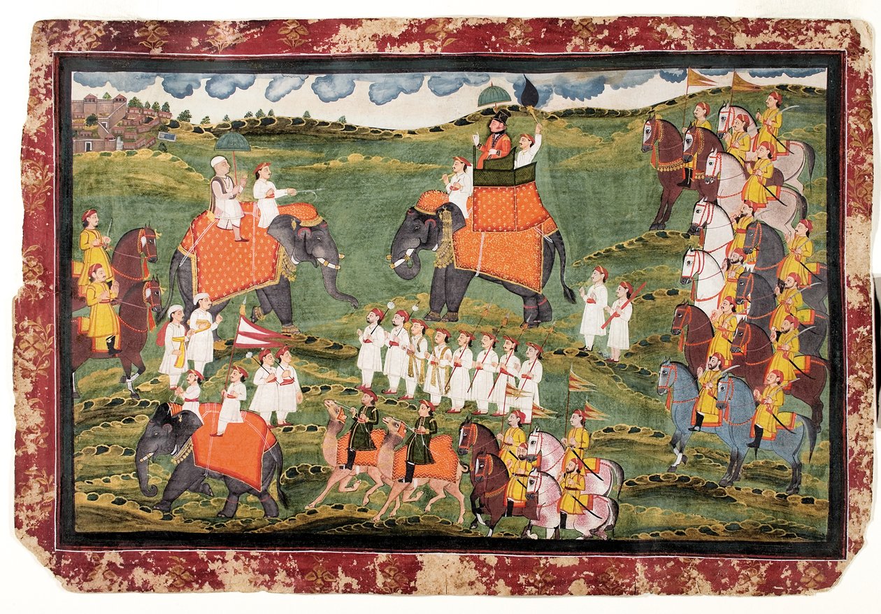 James Tod ezredes és Guru Gyanchandra elefántokon lovagolnak Udaipur közelében, 1822. október alkotó: Rajasthani School