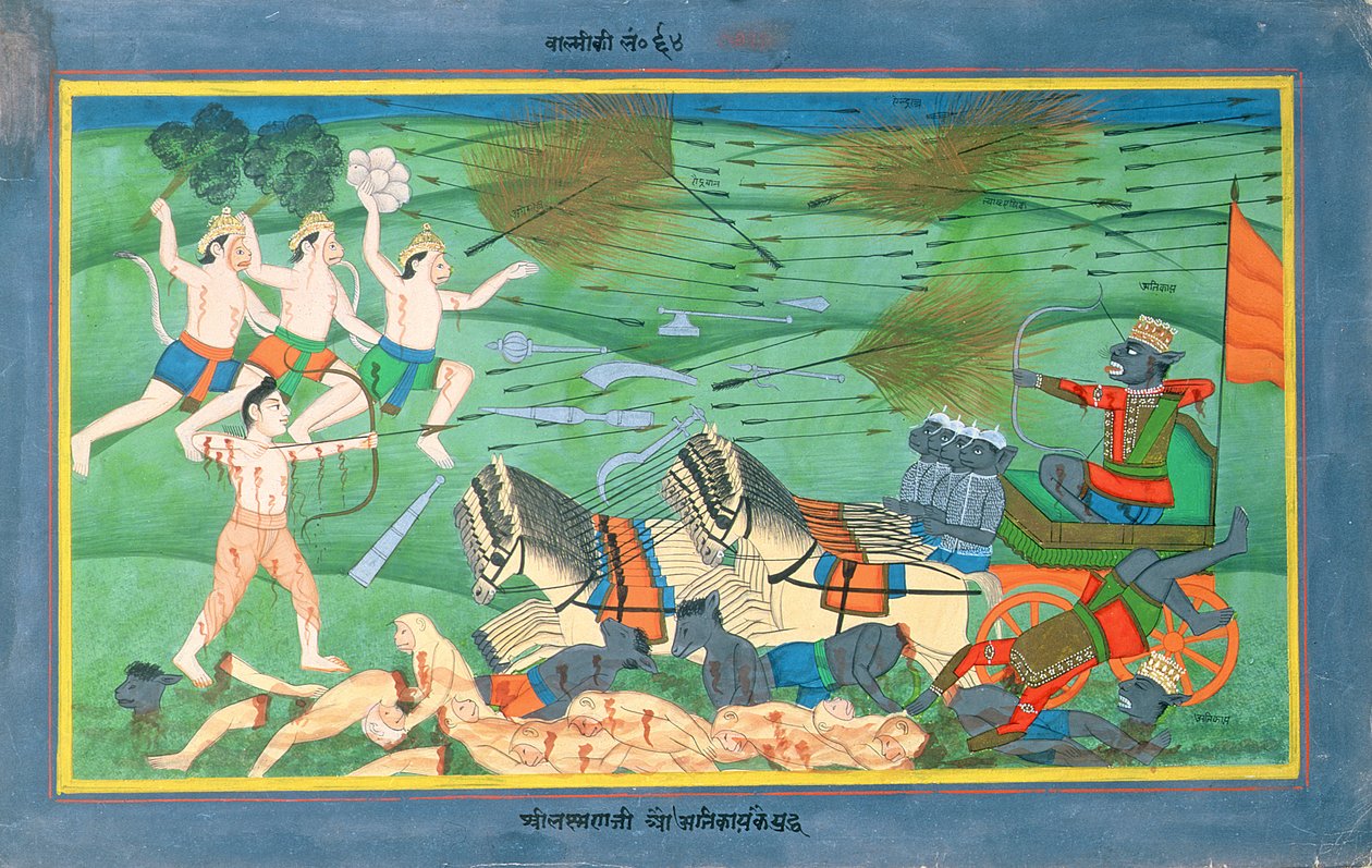 A Lanka-i csata Rama és Ravana, a Rakshasák királya között, a Rámájánából, 19. század eleje (wc papíron) alkotó: Rajasthani School
