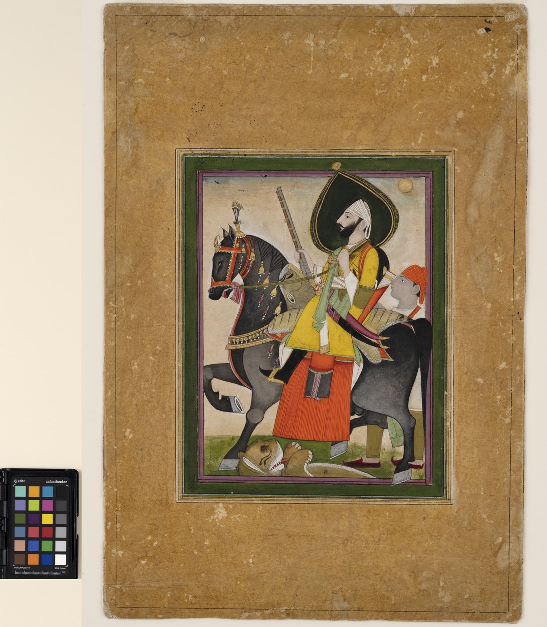 Bakhtawar Singh meghódít egy oroszlánt, 1800 körül (átlátszatlan akvarell és arany papíron) alkotó: Rajasthani School