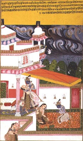 Folio 72. Krishna megijeszti Radhát, miközben vihar gyülekez a fejünk felett, a „Rasikapriya of Kesavadasa”, Bundi-Kotah körzetből, Rajasthan alkotó: Rajput School