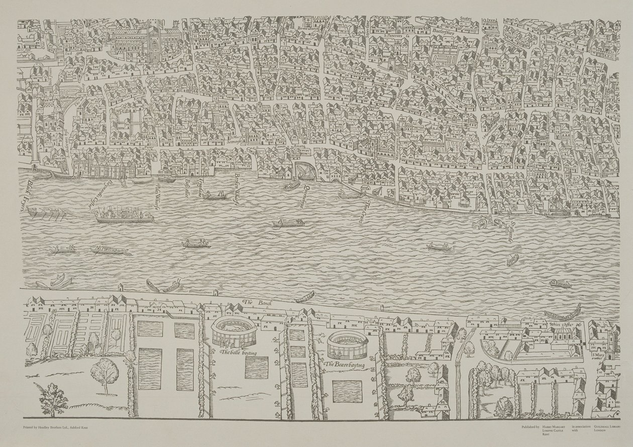 London térképe, rajta a southwarki medvecsalogató kert, 1561 körül alkotó: Ralph Agas
