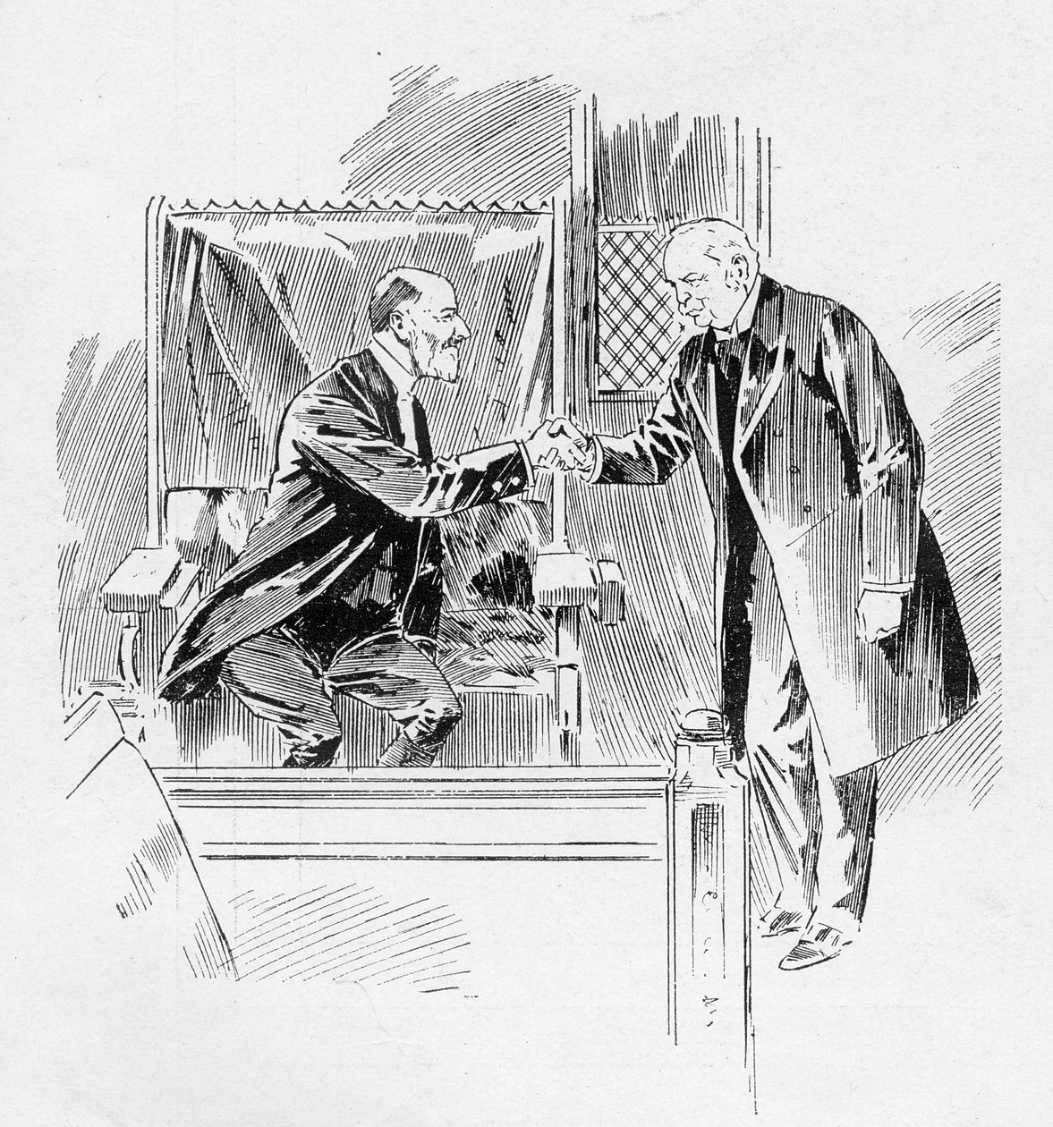 A miniszterelnök üdvözli a szolgabírót a The Graphic-ban, 1906. október 27-én megjelent „A parlament újra összeállítása” című cikkéből. alkotó: Ralph Cleaver
