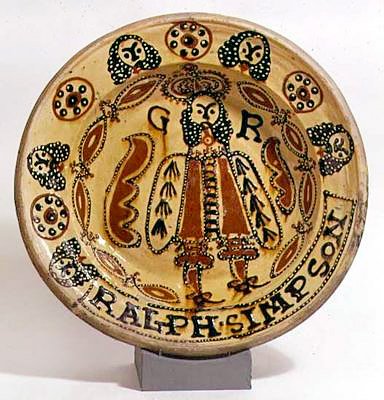 Metropolitan Slipware díszített tál, 1680 körüli (mázas agyagedény) alkotó: Ralph Simpson