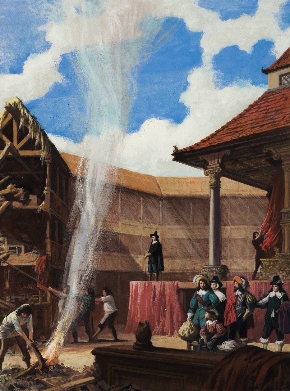 Puritánok elpusztítanak egy színházat (gouache, papír) alkotó: Ralph Bruce
