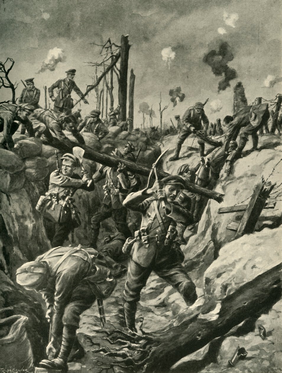 Brit katonák egy német lövészárokban, nyugati front, első világháború, c1915, c1920. alkotó: Ralph Cleaver
