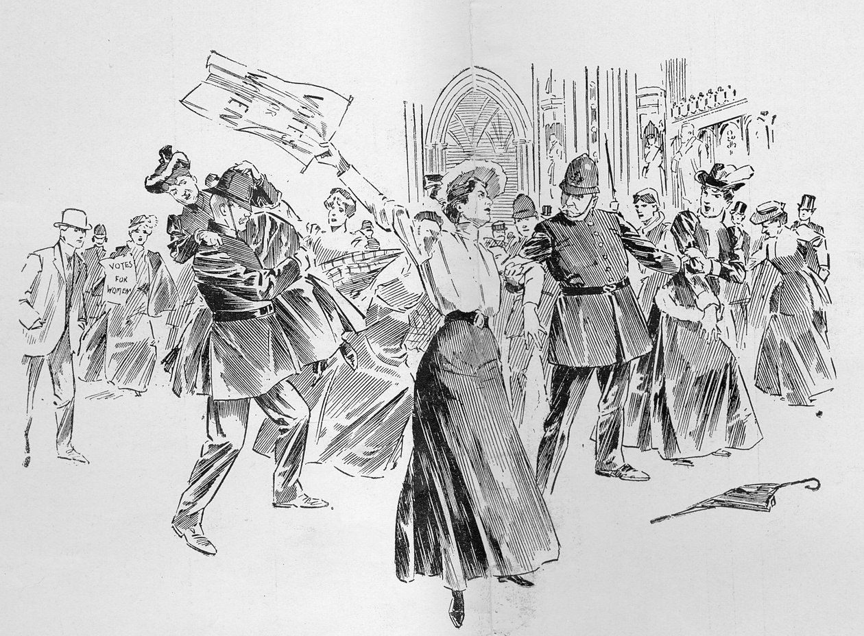 Az elnyomhatatlan szüfrazsettek elterelést hoznak létre az előcsarnokban a „The Graphic”-ban, 1906. október 27-én megjelent „The Reassembling of Parliament” című cikk alapján. alkotó: Ralph Cleaver