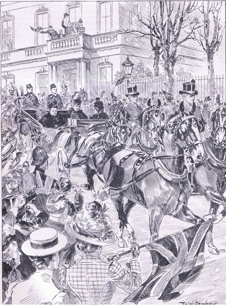 A Queens legutóbbi látogatása Londonban 1900 márciusában, illusztráció a Cassells History of England, 1900-as évekből alkotó: Ralph Cleaver