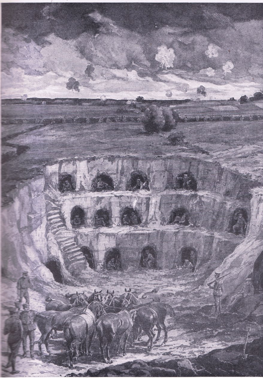 A modern barlanglakók, a History of the Great War 3. kötetéből, amelyet a Waverley Book Co Limited adott ki, 1920 körül alkotó: Ralph Cleaver