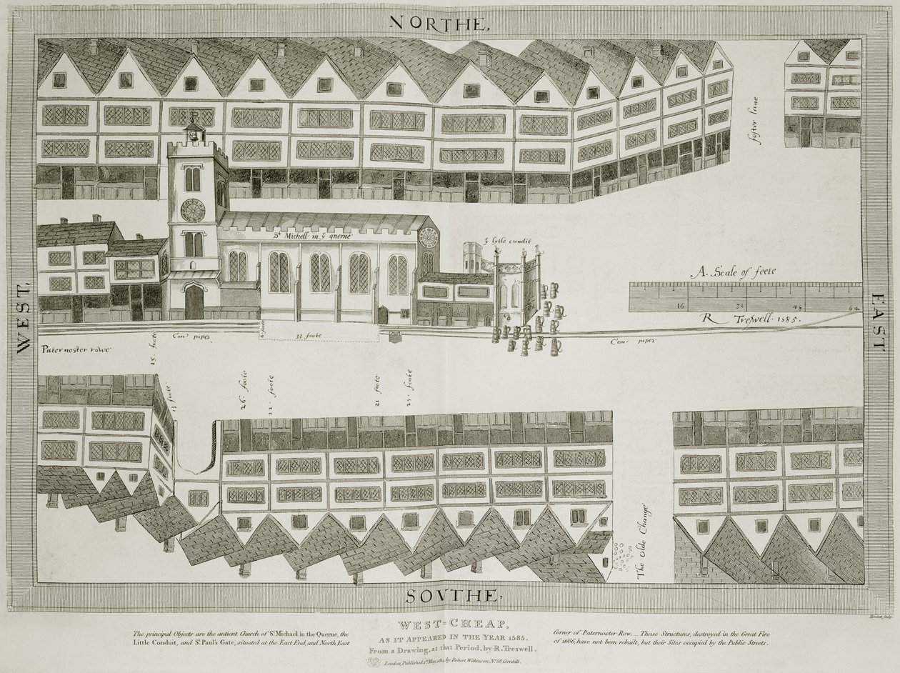 West Cheap, ahogyan 1585-ben megjelent, Bartholemew Howlett (1767-1827) metszete, 1814-ben megjelent alkotó: Ralph Treswell
