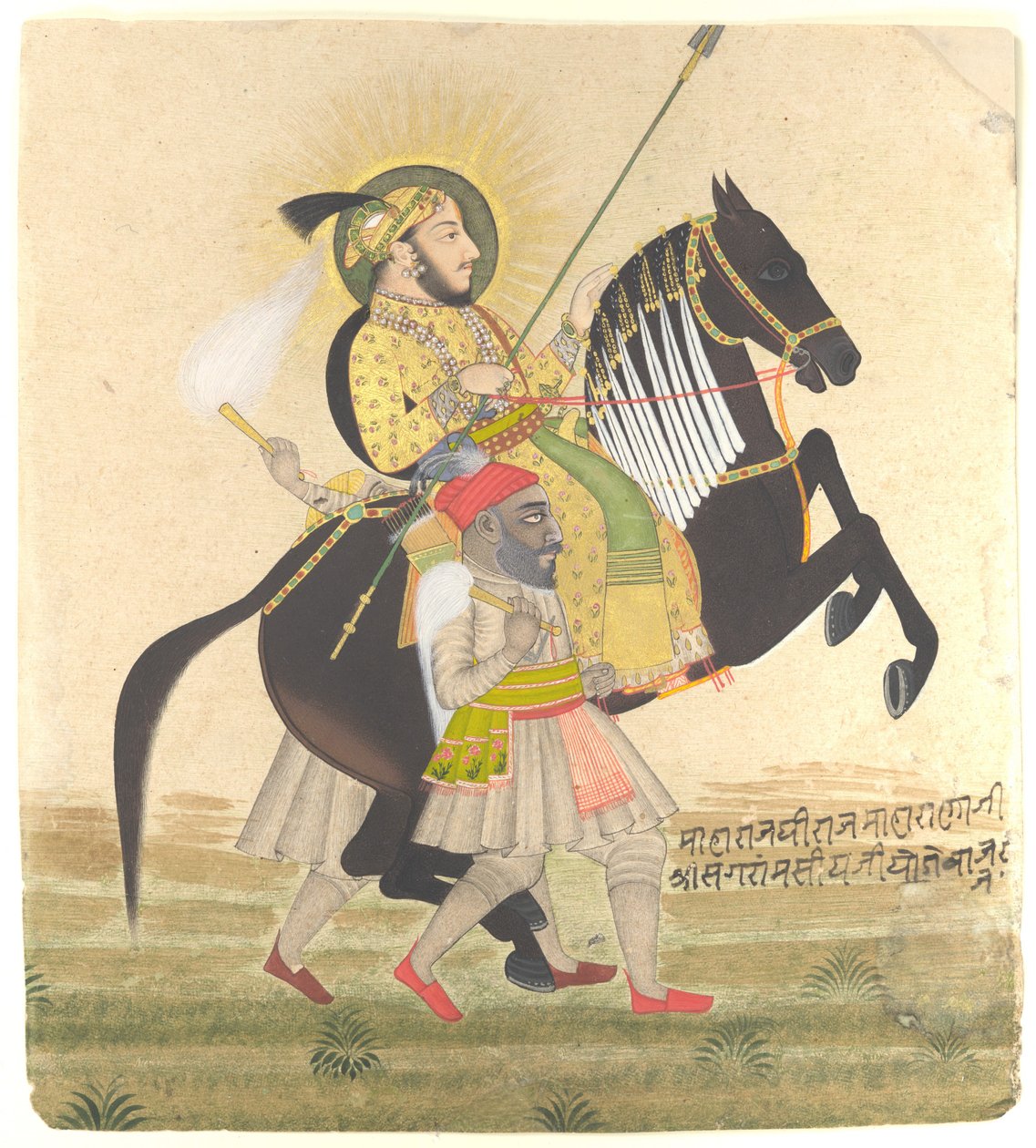 Maharana Sangram Singh díjas ménlovaglás, 1712 körül (tinta, átlátszatlan akvarell, arany és bászrai gyöngy papíron) alkotó: Ram Jai