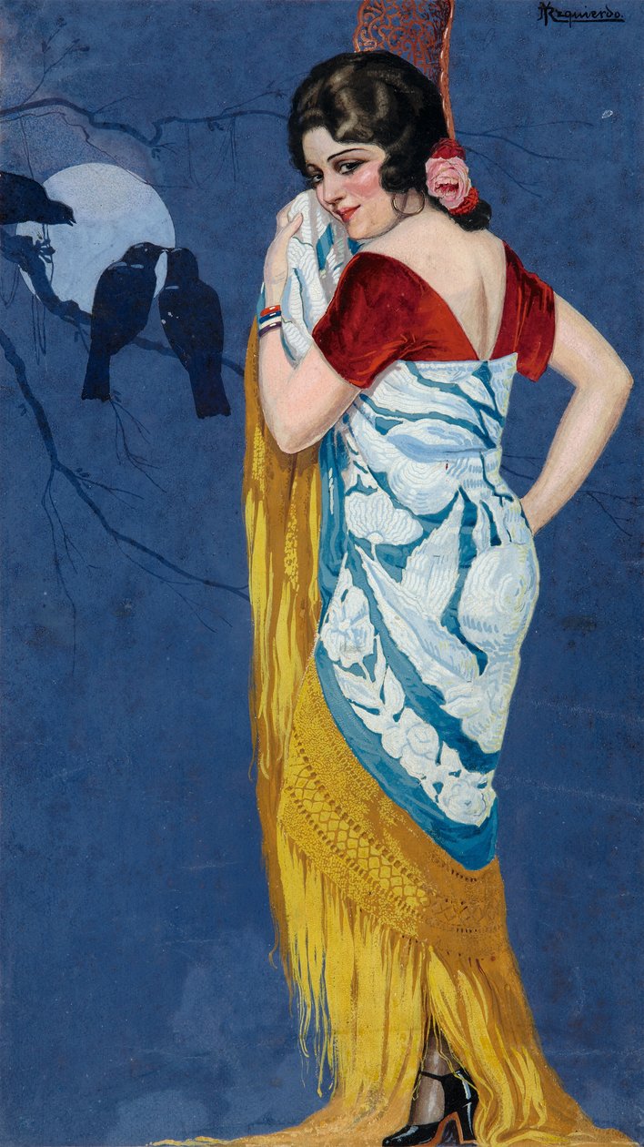 Mosolygó fiatal nő a holdfényben, 1925 körül (guache papíron) alkotó: Ramón José Izquierdo y Garrido