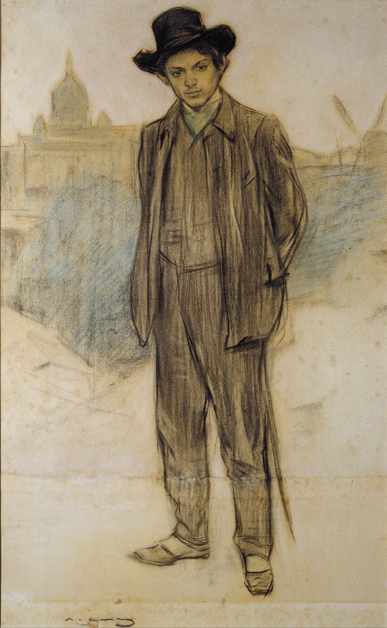 Pablo Picasso portréja – Ramon Casas munkája (1866-1932) – c. 1900 - Pasztell papíron - 69x44,5 - Katalónia Nemzeti Művészeti Múzeum, Barcelona alkotó: Ramón Casas