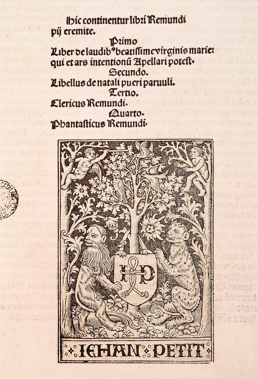 Ramon Llull (1235-1315) "De Laudibus Beatissimae Virginis Mariae" kódexének oldala, amely két oroszlánt ábrázol, akik Jehan Petit nyomdász címerét tartják. alkotó: Ramon Llull