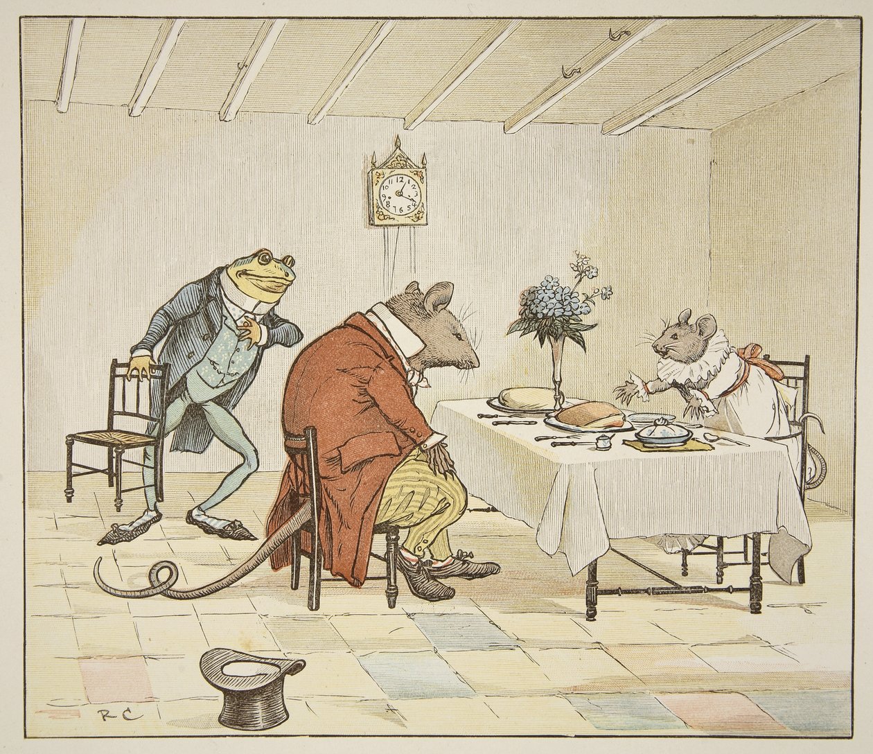 Imádkozz, Egér kisasszony, adna nekünk egy kis sört, illusztráció az „A Frog He Will A-Wooing Go” című kocsmából. írta: Frederick Warne und Co. alkotó: Randolph Caldecott