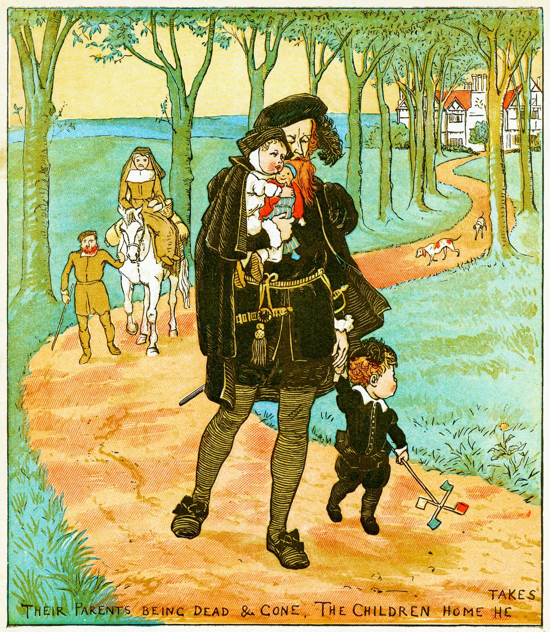 "A szülők meghaltak és elmentek, a gyerekeket hazaviszi", illusztráció a Csajok az erdőben, 1885 alkotó: Randolph Caldecott